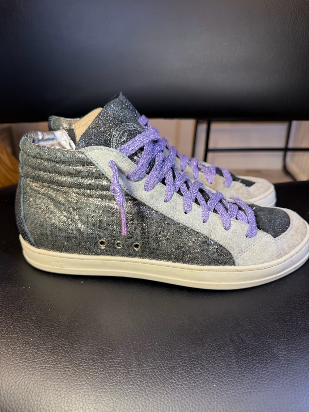 P448 Wmns Sz 39 EU, 8.5 US Black with Purple and Gray Laces Made In Italy